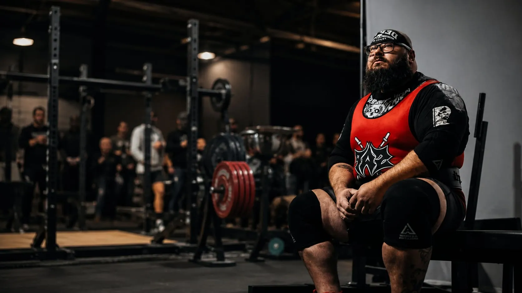 Garrett Denham seated at a powerlifting meet